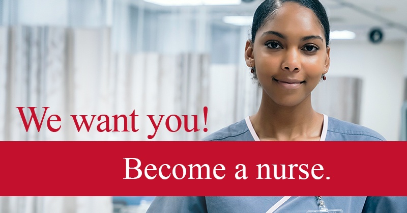 Nurse in blue scrubs - We want you! Become a nurse.