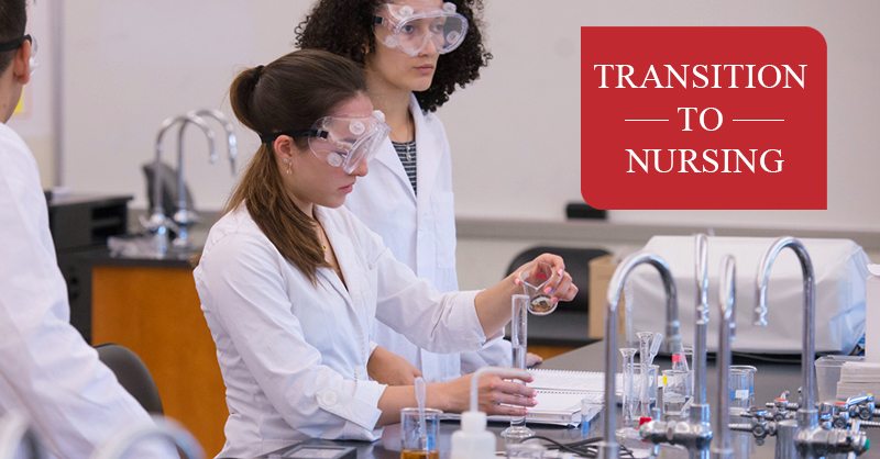2 UIW nursing students in lab with text that reads "Transition to Nursing"